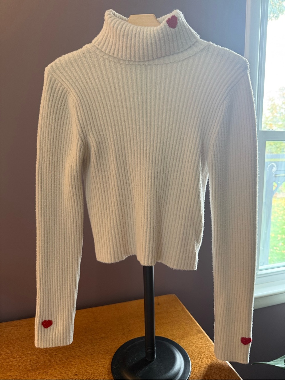 Cream Ribbed Turtleneck Sweater with Red Heart Details